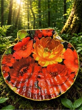 Floral Red & Yellow Statement Decoupage seashell Ring Holder